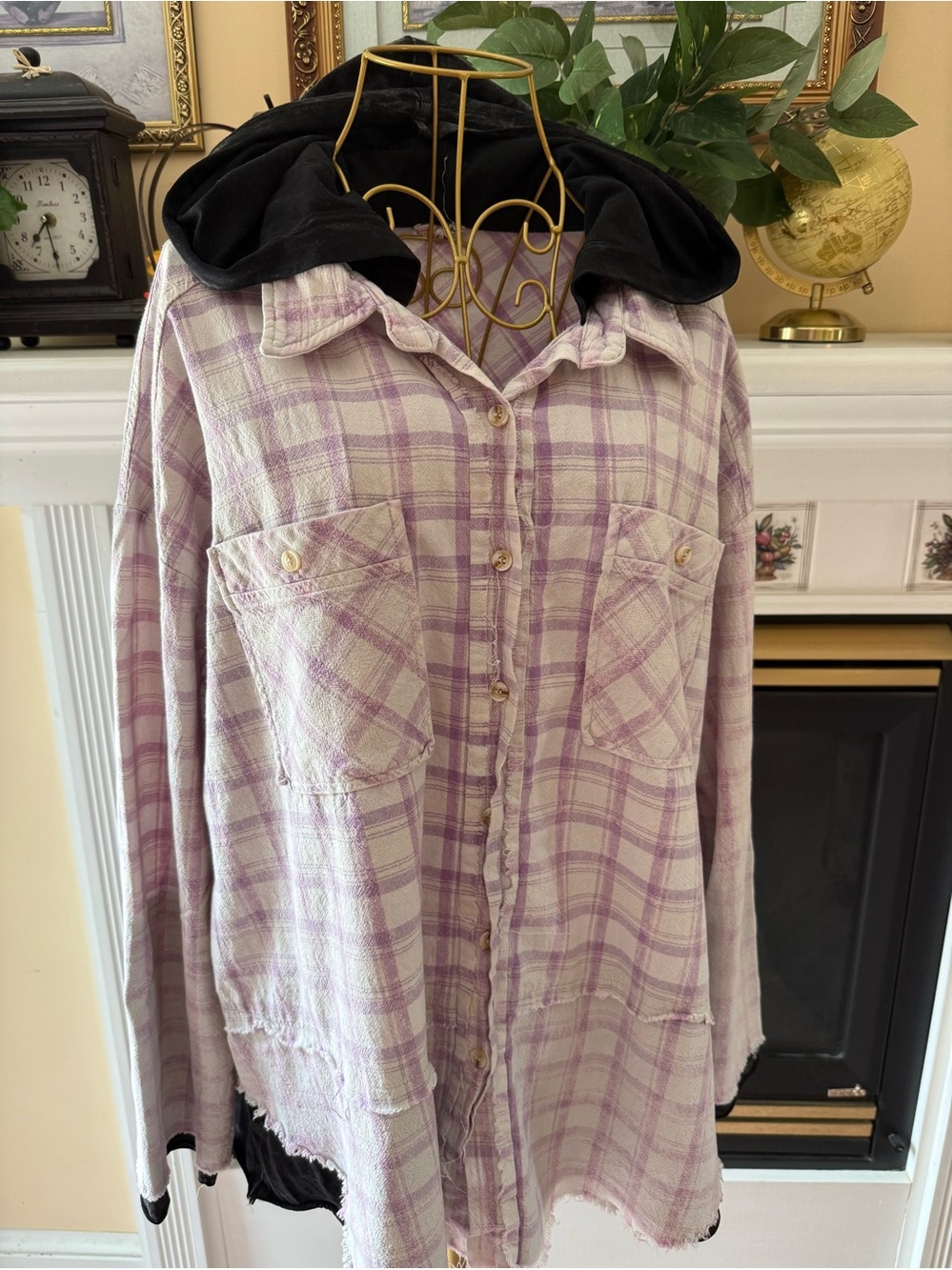 Bibi LARGE Women's Lavender Plaid ShACKET with Black Hood